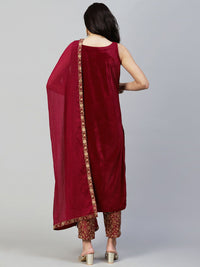 KALINI Ethnic Motifs Embroidered Velvet Straight Kurta With Trousers & Dupatta