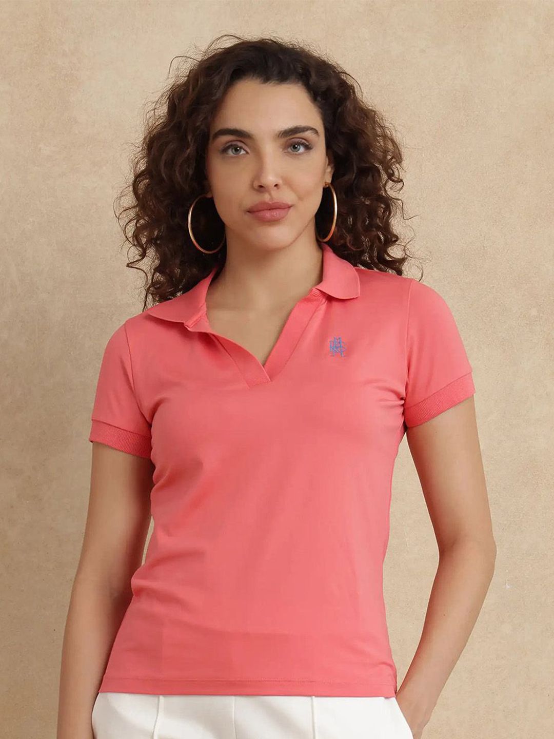 RAREISM Women Solid Polo Collar Cotton T-shirt