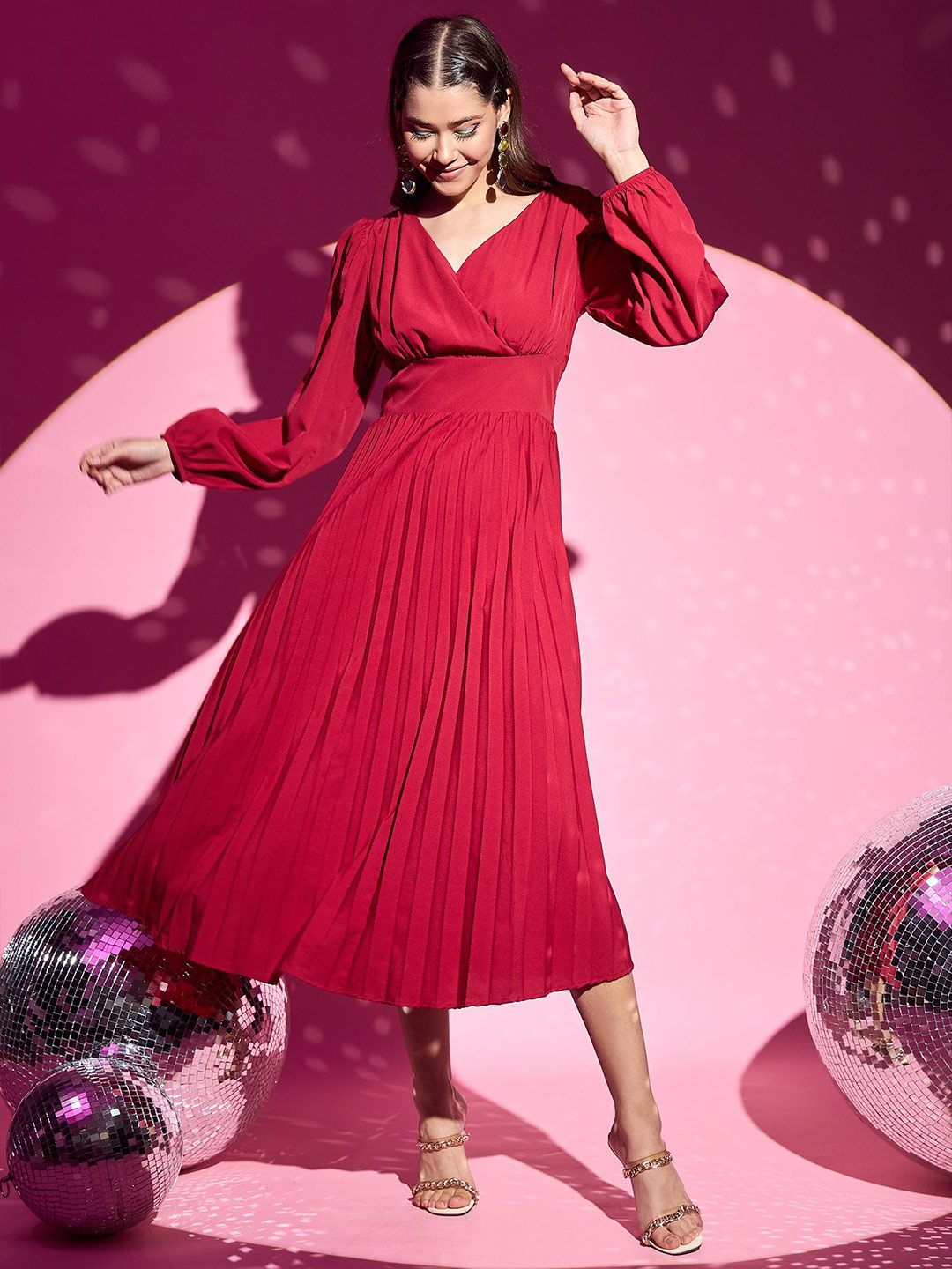 Berrylush Women Puff Sleeve A-Line Midi Dress
