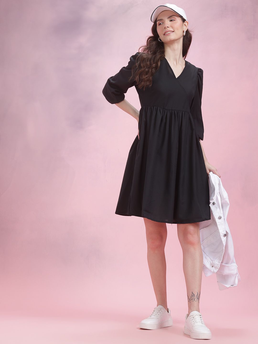 DressBerry Faux Wrap Puff Sleeve A-Line Dress