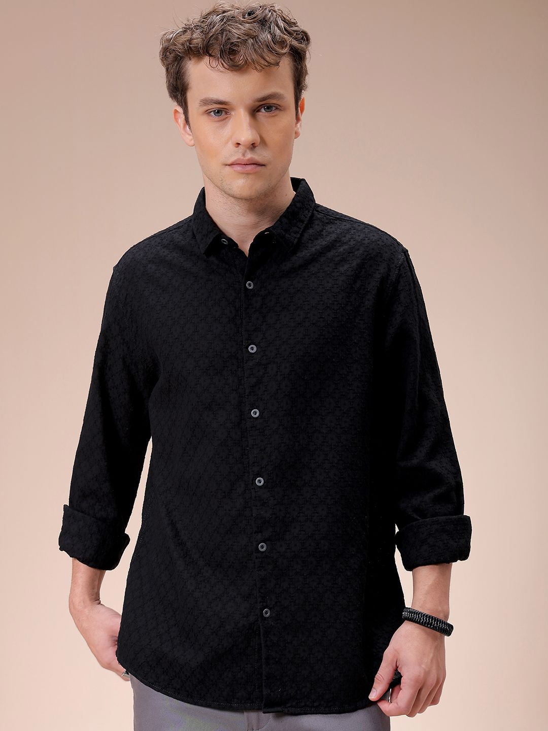 The Indian Garage Co Men Regular Fit Dobby Textured Resortwear Shirt