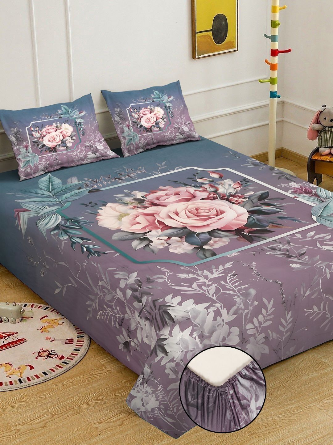 KLOTTHE Ungu & Merah Jambu Bercetak Cadar Katil Double 400 TC Dengan 2 Sarung Bantal-98.4 x 88.5 Inci