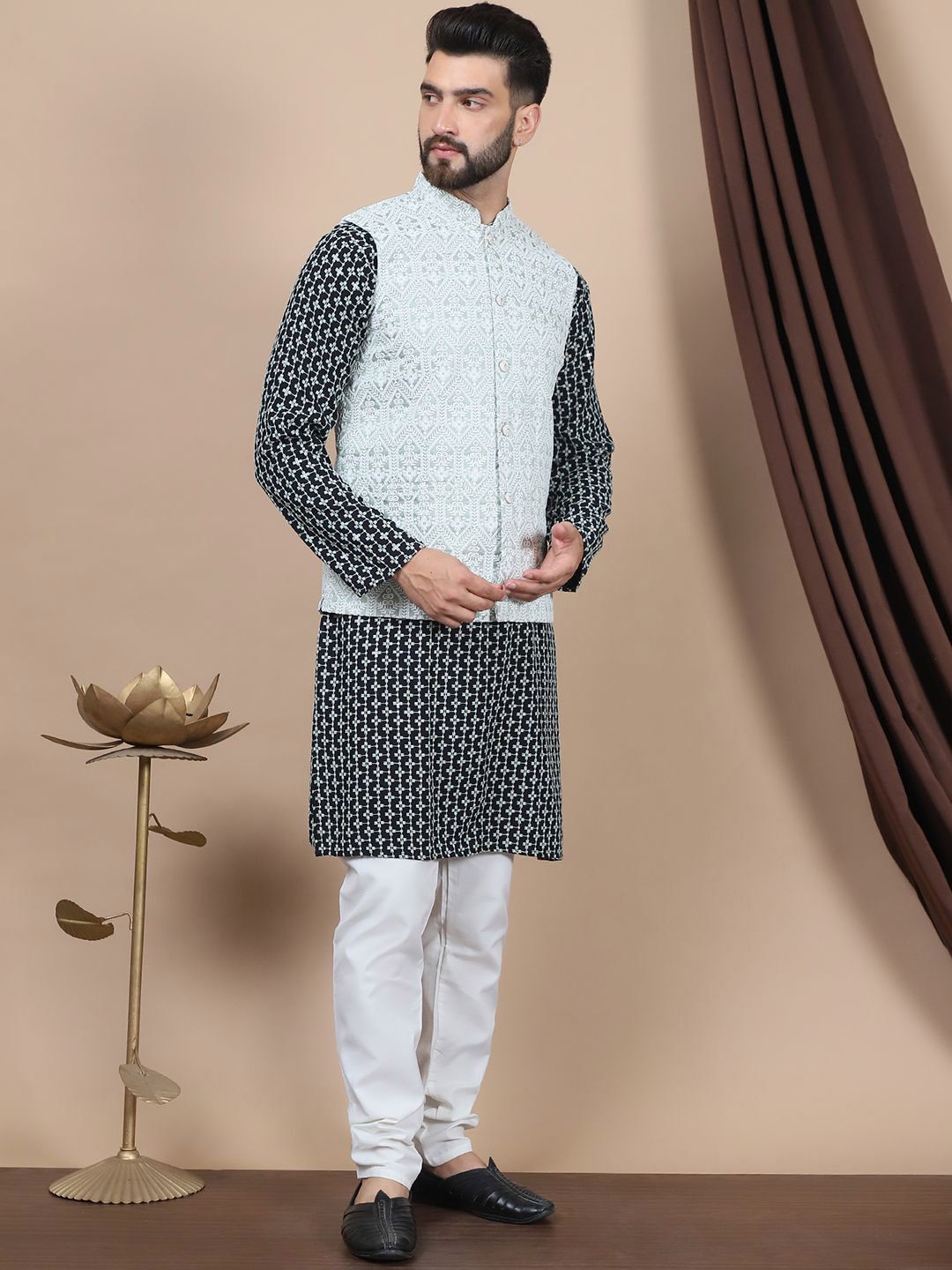Anouk Green Ethnic Motifs Embroidered Straight Thread Work Pure Cotton Kurta with Churidar