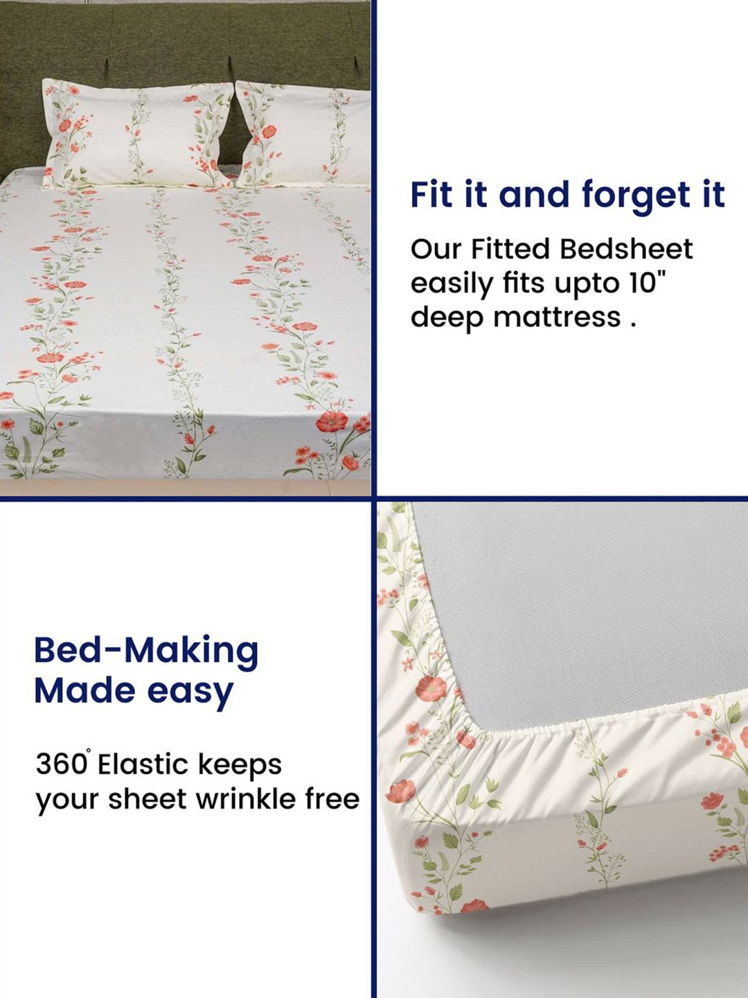 URBAN SPACE Peach-Coloured & White 200 TC Cotton Queen Bedsheet Set 1.27 m x 1.98 m