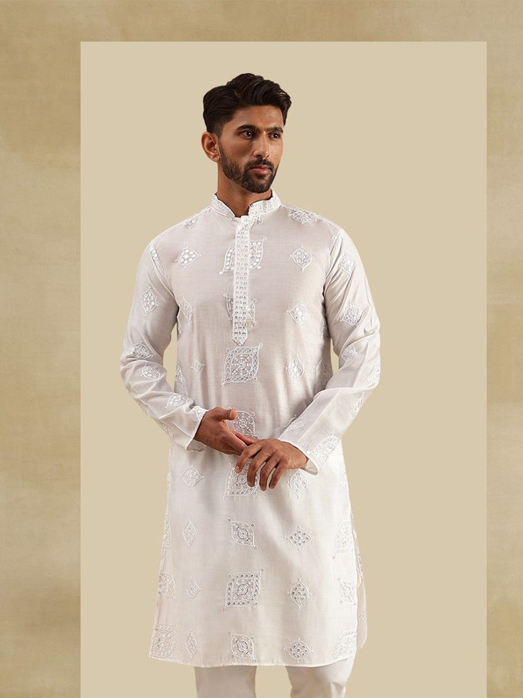 SOJANYA Floral Embroidered Mandarin Collar Mirror Work Cotton Silk Straight Kurta