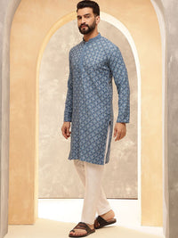 Anouk Blue Mandarin Collar Geometrik Sulam Labuci Kapas Tulen Kurta Lurus