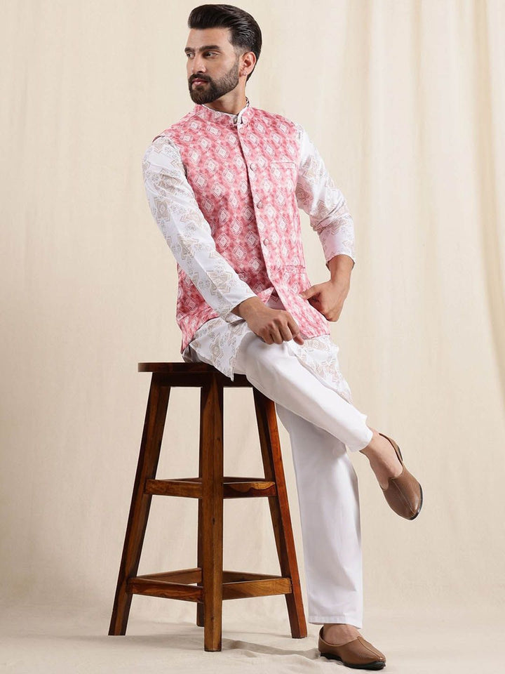 Anouk Geometric Printed Linen Straight Kurta With Pyjamas & Nehru Jacket