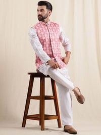 Anouk Geometric Printed Linen Straight Kurta With Pyjamas & Nehru Jacket
