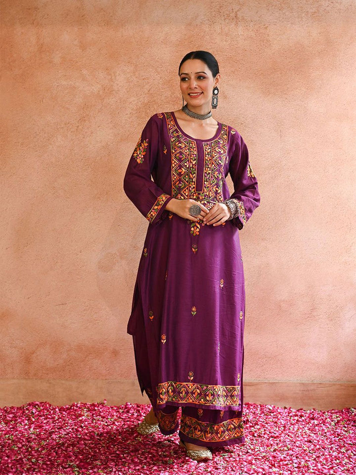 House of Chikankari Women Purple Chanderi Chikankari Sulam Set Kurta