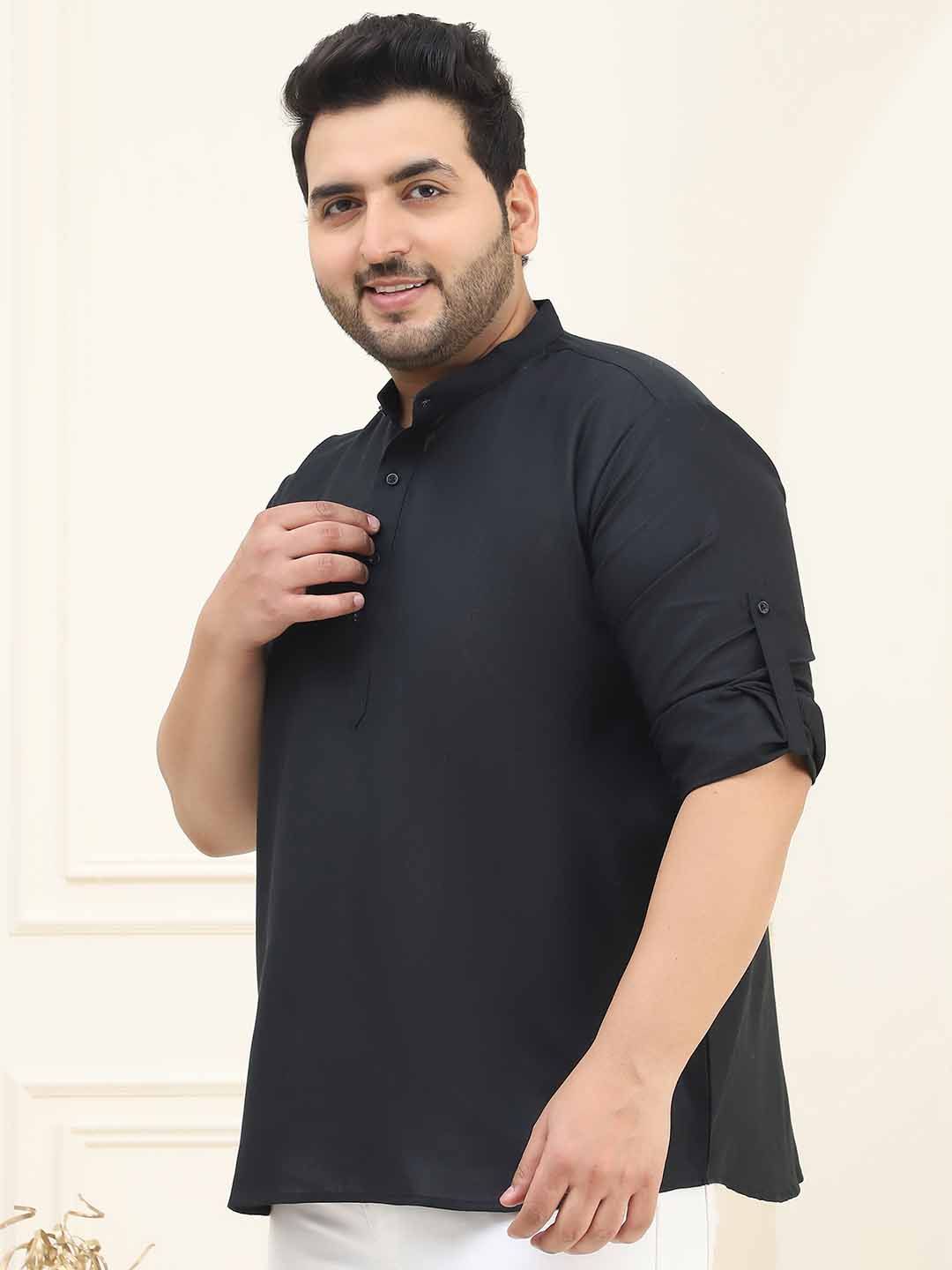 SOJANYA PLUS Band Collar Long Roll-Up Lengan Kurta Lurus Kapas Tulen