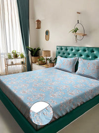 KLOTTHE Book Fold Blue Ethnic Motifs Polycotton 300 TC Fitted King Fine Bedsheet with 2 Pillow Covers-98 x 89 inches