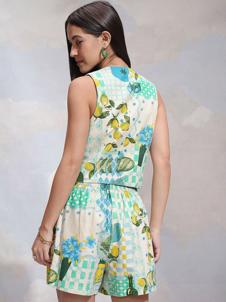 ESPYR By Tokyo Talkies Printed V Neck Waistcoat & Shorts Co-Ords
