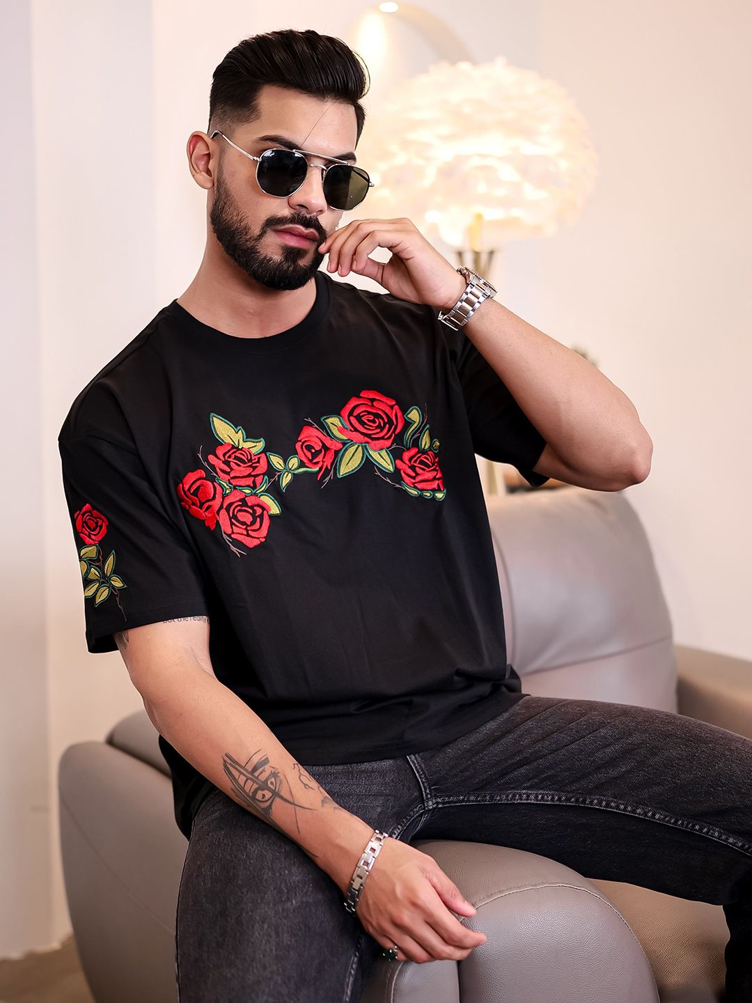 Eszett Lelaki Floral Printed Leher Bulat Kapas Bersaiz Besar T-shirt