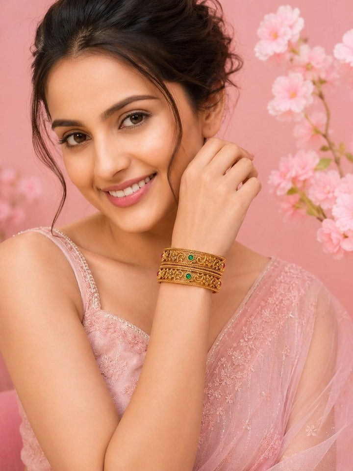 PANASH Set Of 2 Gold-Plated Artificial Stones Studded Bangles