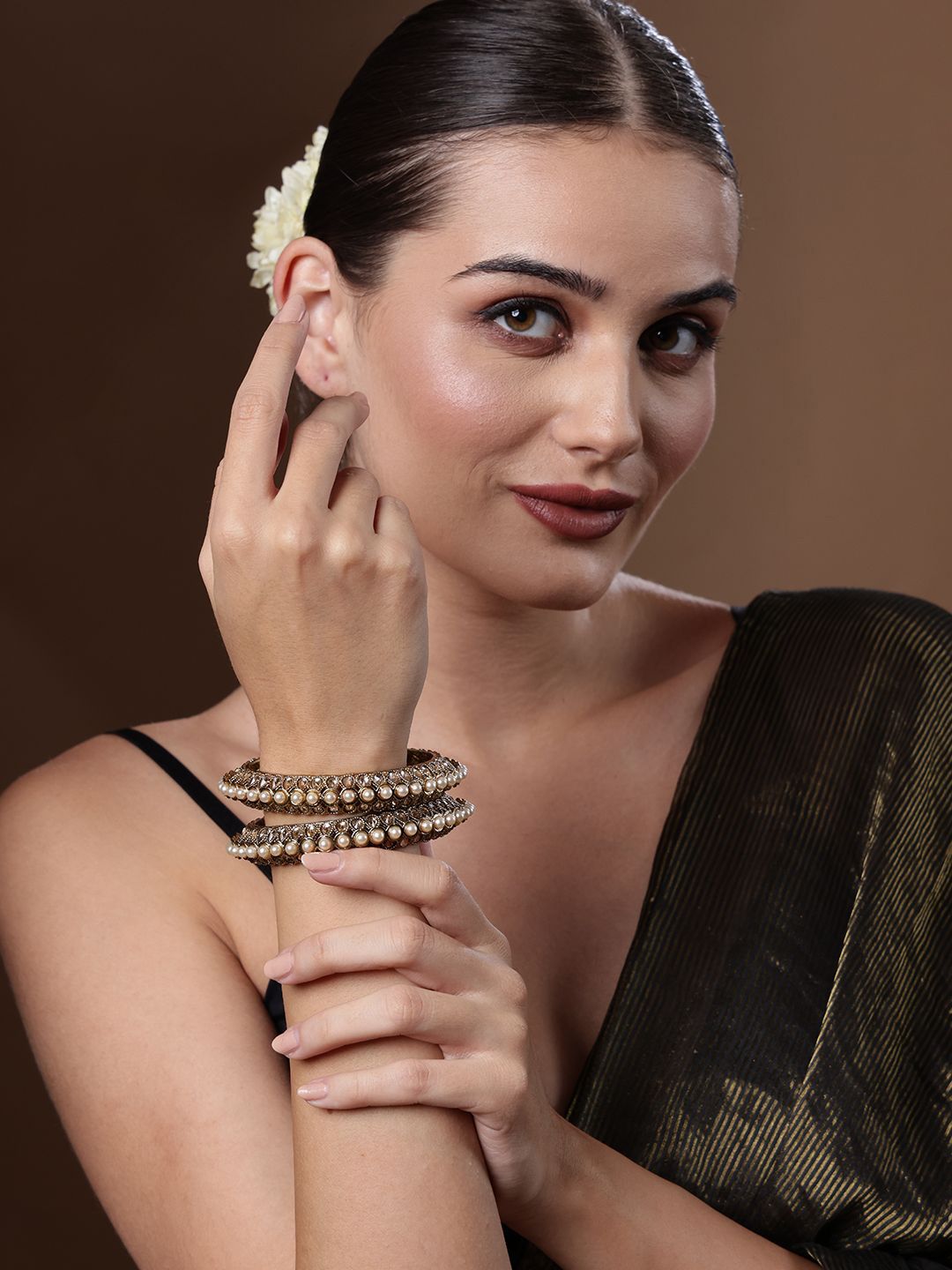 PANASH  Set Of 2 Gold-Plated American Diamond-Studded & Beaded Bangles