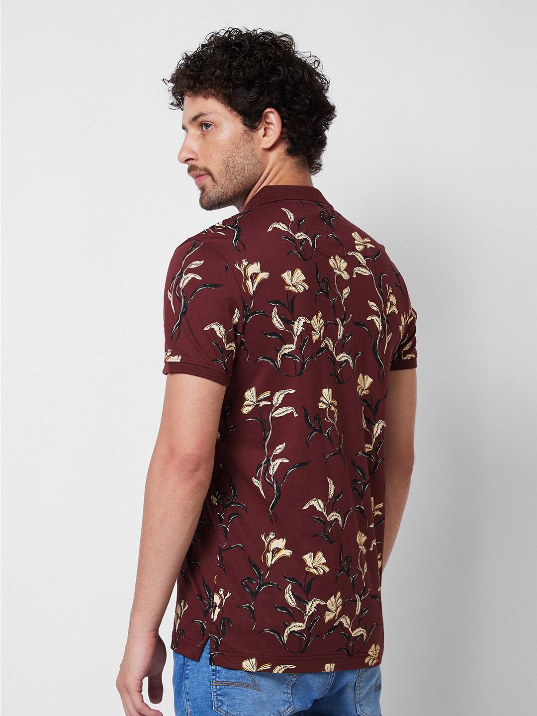 SPYKAR Polo Collar Short Sleeves Floral Printed Cotton Slim Fit T-shirt