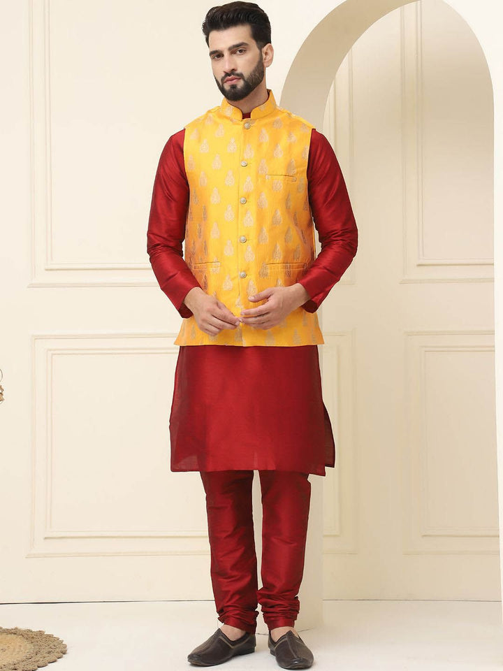 SOJANYA Kurta Kapas Sutera Kolar Mandarin Dengan Jaket Nehru Rekaan Churidar & Tenunan