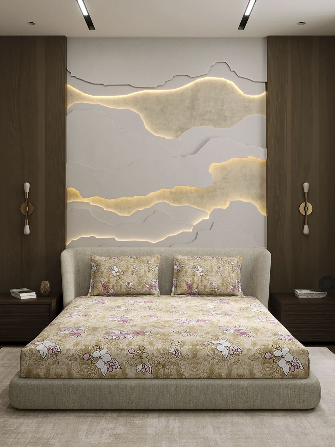 Monte Carlo Brown & Pink  Printed Cotton 104 TC Queen Bedsheet Set 2.24 m x 2.54 m