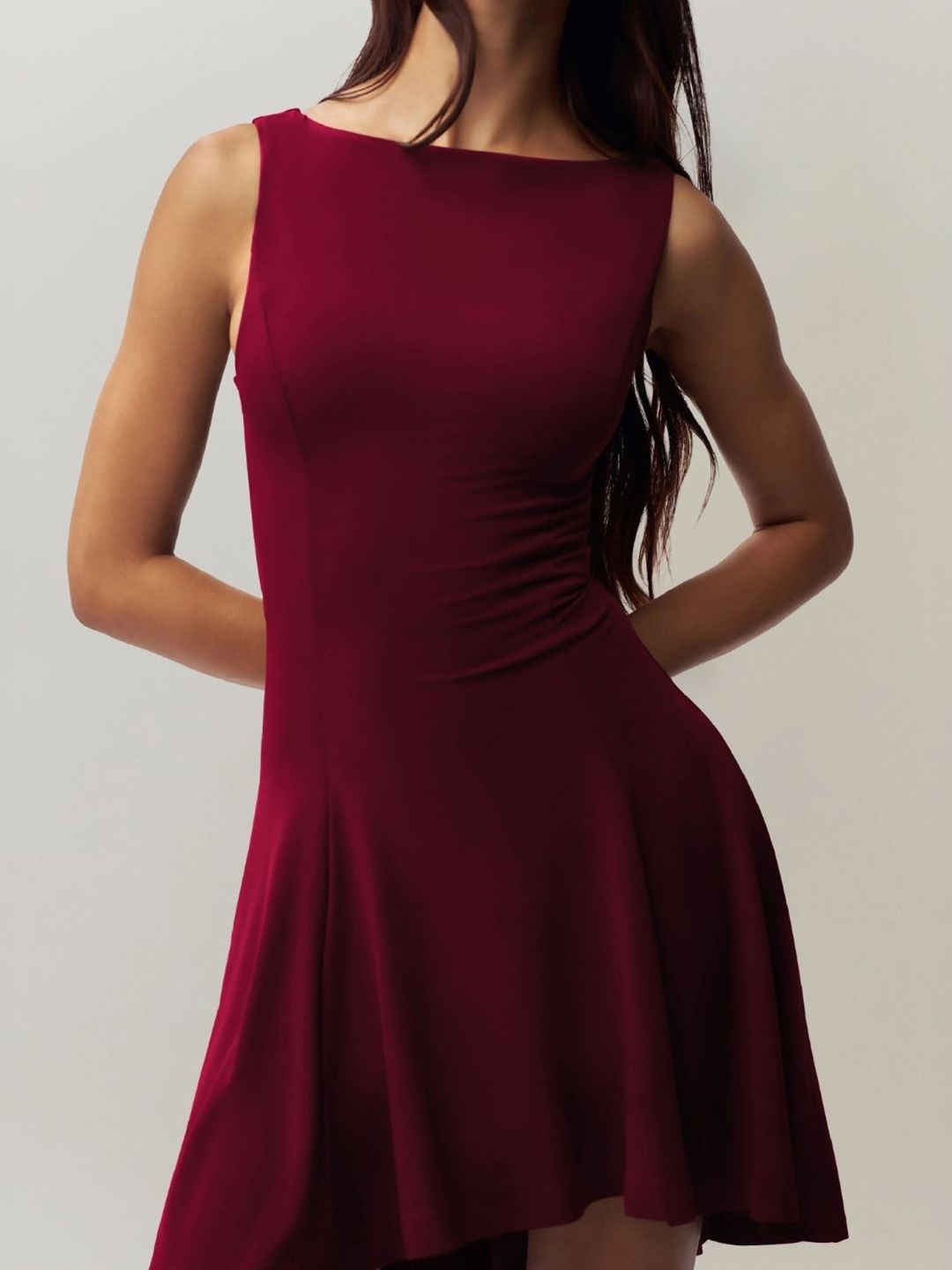 DressBerry Solid Boat Neck A-Line Above Knee Dress