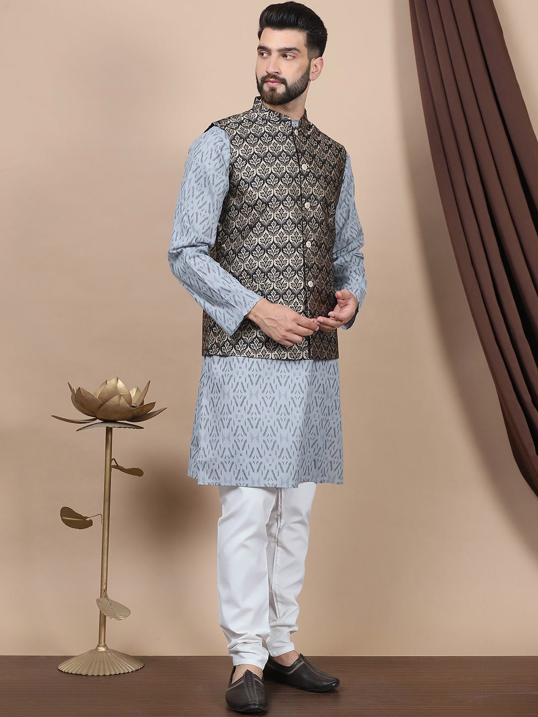Anouk Geometric Printed Regular Pure Cotton Straight Kurta With Churidar & Nehru Jacket