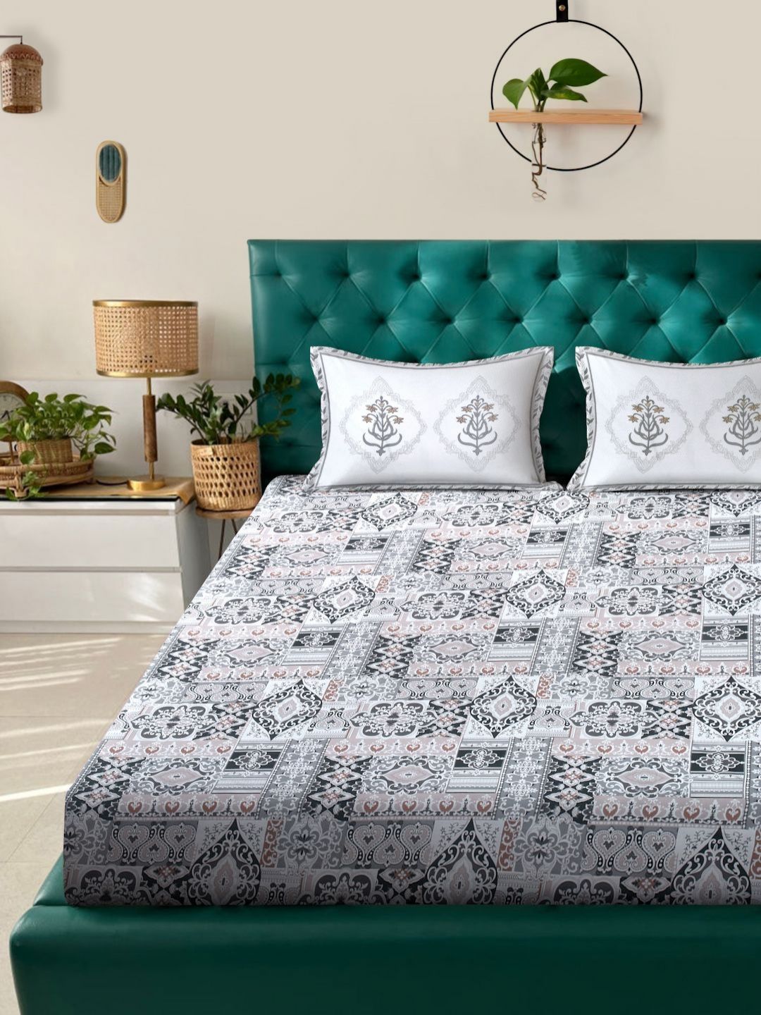 Myntra Elegant Homes Grey Ethnic Pure Cotton 400TC Super King Bedsheet Set-2.7mX2.7m