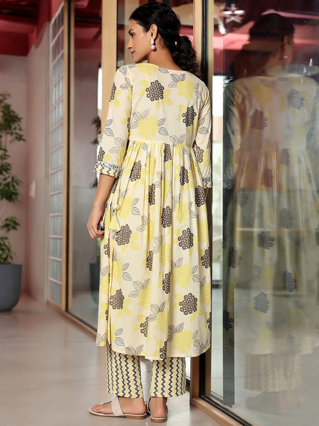 Libas Floral Printed Empire Mirror Work Pure Cotton A Line Kurta with Trousers