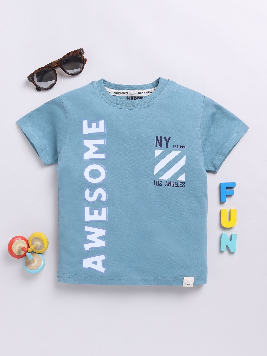 Happy Faces Boys Pure Cotton Typography Printed T-shirt