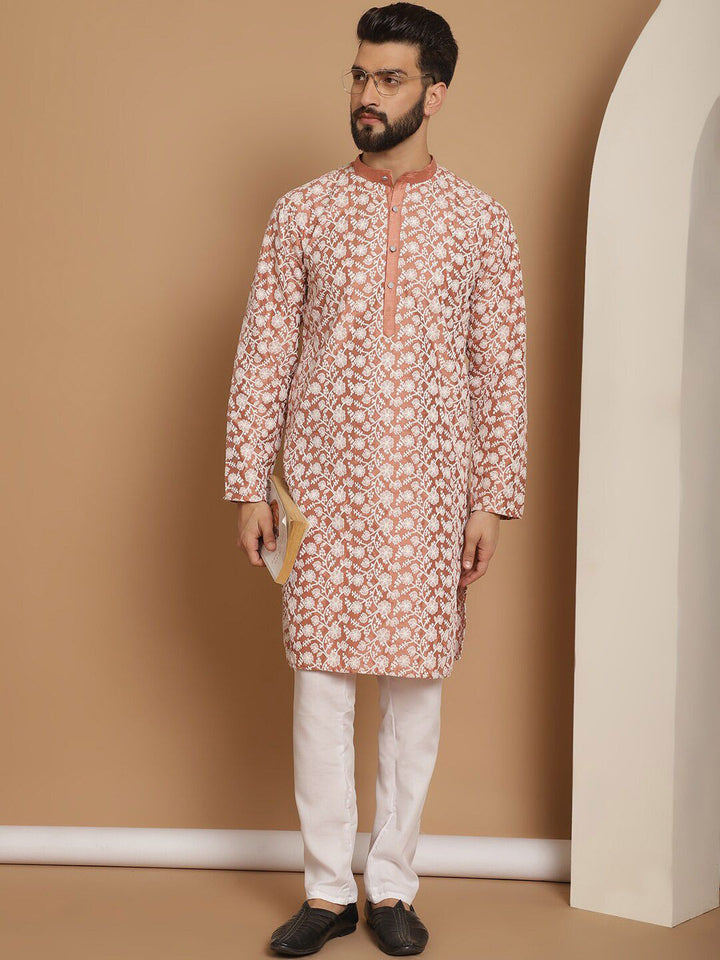 Anouk Floral Embroidered Mandarin Collar Knee Length Regular Kurta with Churidar