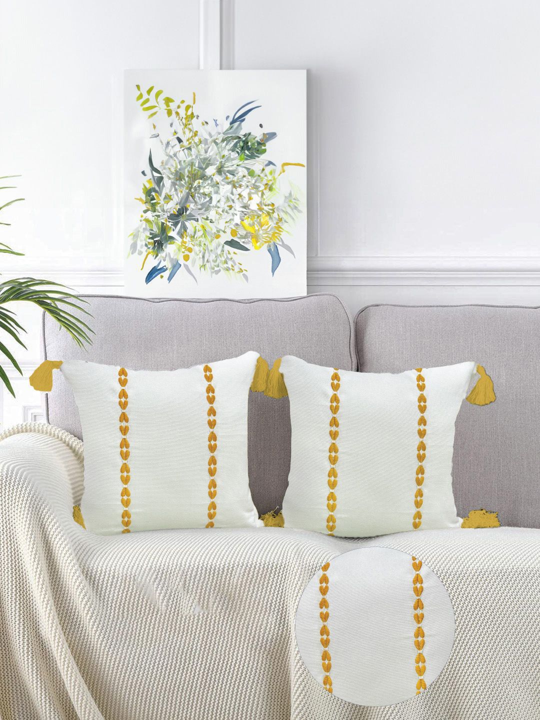 URBAN SPACE Yellow & White 2 Pieces Embroidered Pure Cotton Square Cushion Covers