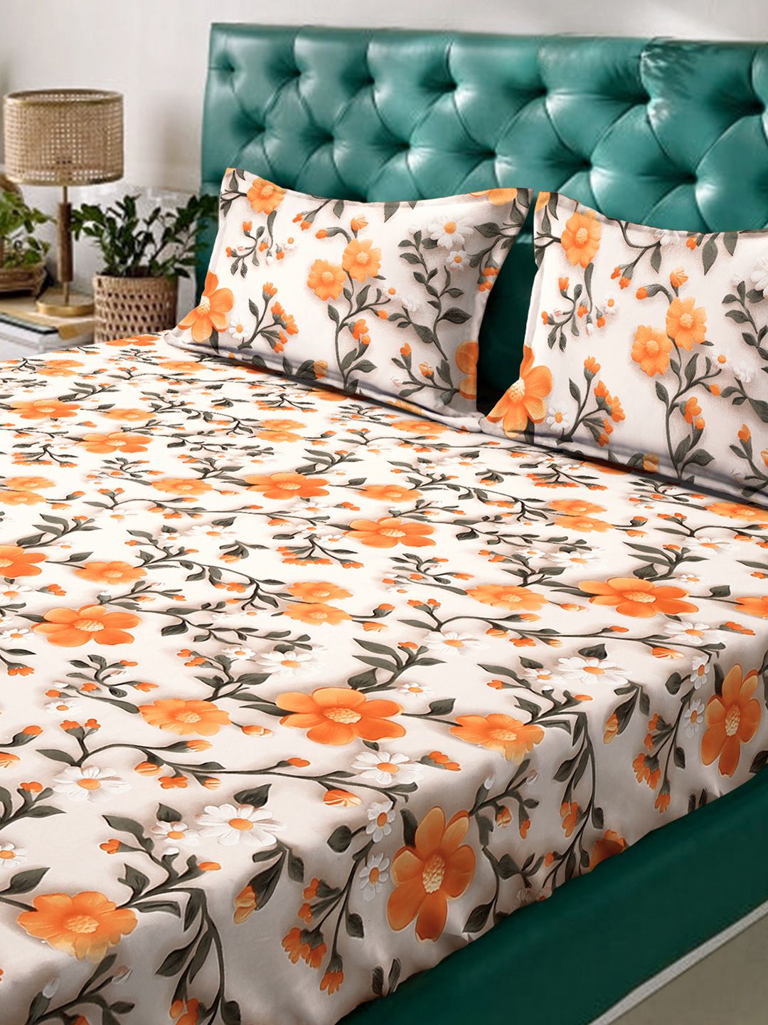 KLOTTHE Cream & Yellow Floral Printed Flat 300 TC King Double 7D Bedsheet & 2 Pillow Cover