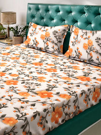 KLOTTHE Cream & Yellow Floral Printed Flat 300 TC King Double 7D Bedsheet & 2 Pillow Cover
