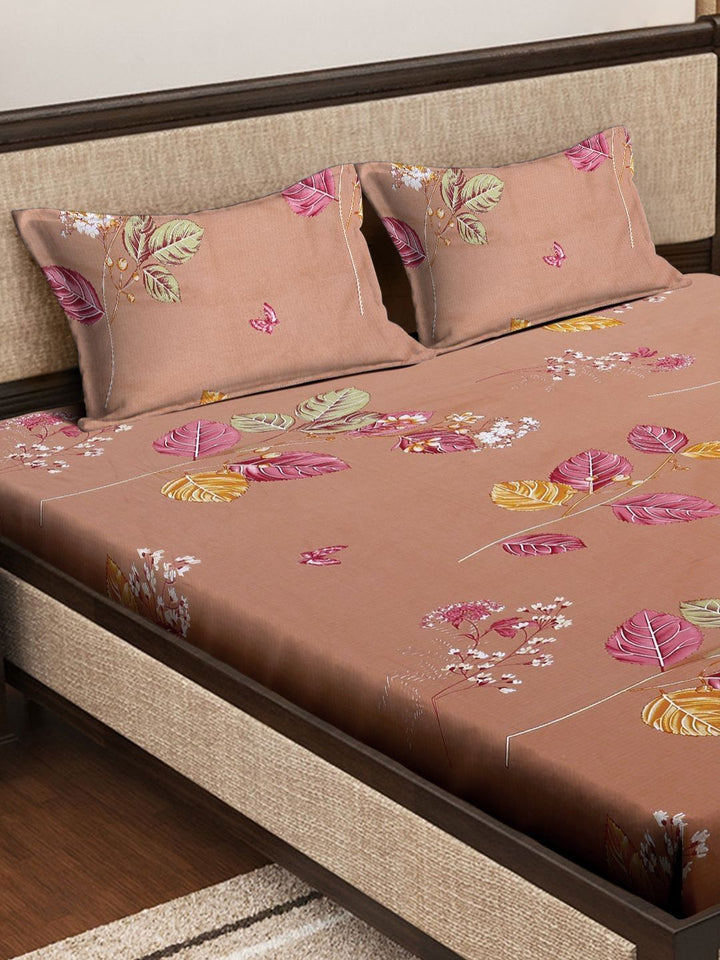 Myntra Elegant Homes Peach Floral Pure Cotton 400 TC King Superfine Bedsheet with 2 Pillow Covers-98 x 89 inches