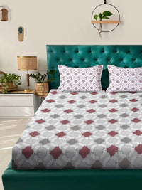 Myntra Elegant Homes Grey & Maroon Geometric 400 TC King Bedsheet with 2 Pillow Covers