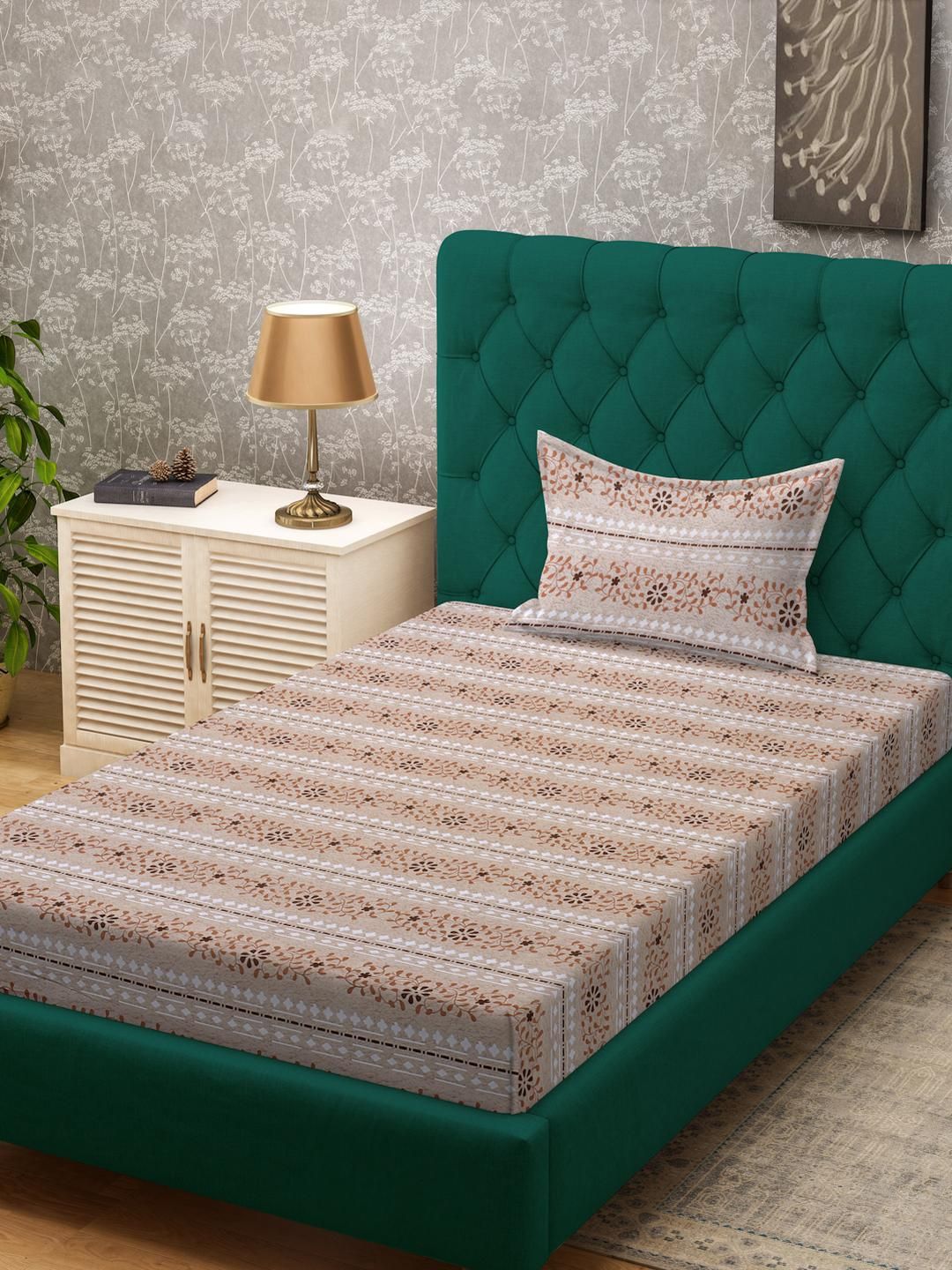 KLOTTHE Beige Floral Cotton Single Bedsheets