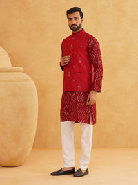 SOJANYA Geometrik Labuci Band Kolar Kapas Tulen Kurta Dengan Churidar Dan Jaket Nehru