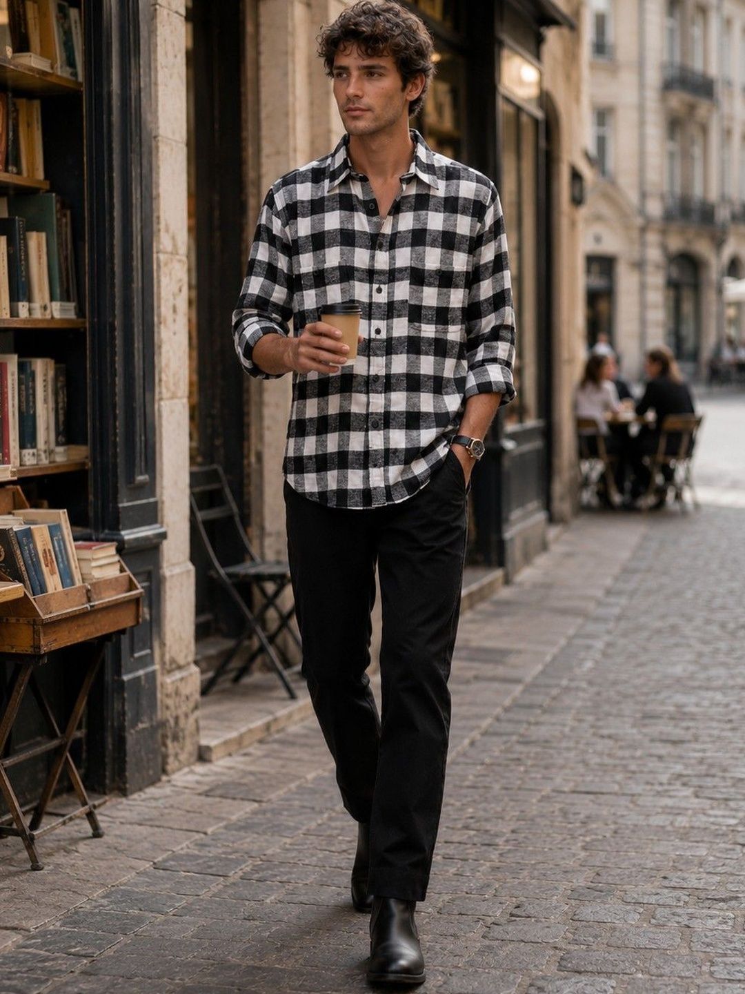 Eszett Men Buffalo Checked Spread Collar Baju Kasual