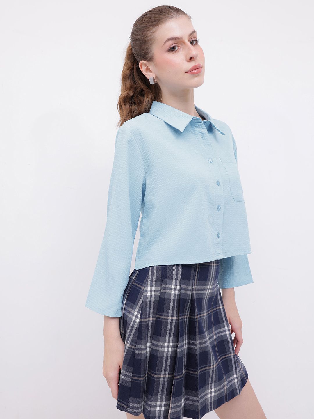 DressBerry Playful Allusion Seersucker Relaxed Fit Crop Shirt