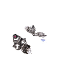 PANASH Silver Plated Cubic Zirconia Studted Peacock Shaped Drop Earrings
