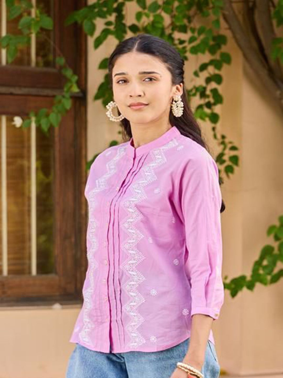 House of Chikankari Women Lavender Cotton Chikankari Embroidered Top