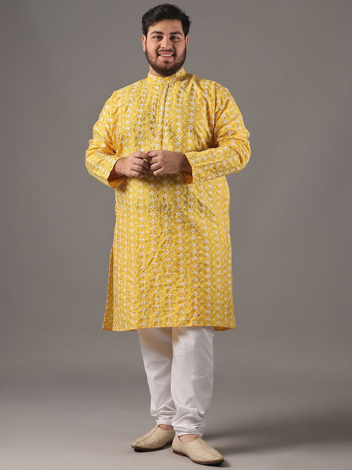 SOJANYA PLUS Plus Size Lelaki Sulam Bunga Kapas Tulen Kurta Lurus Dengan Piyama