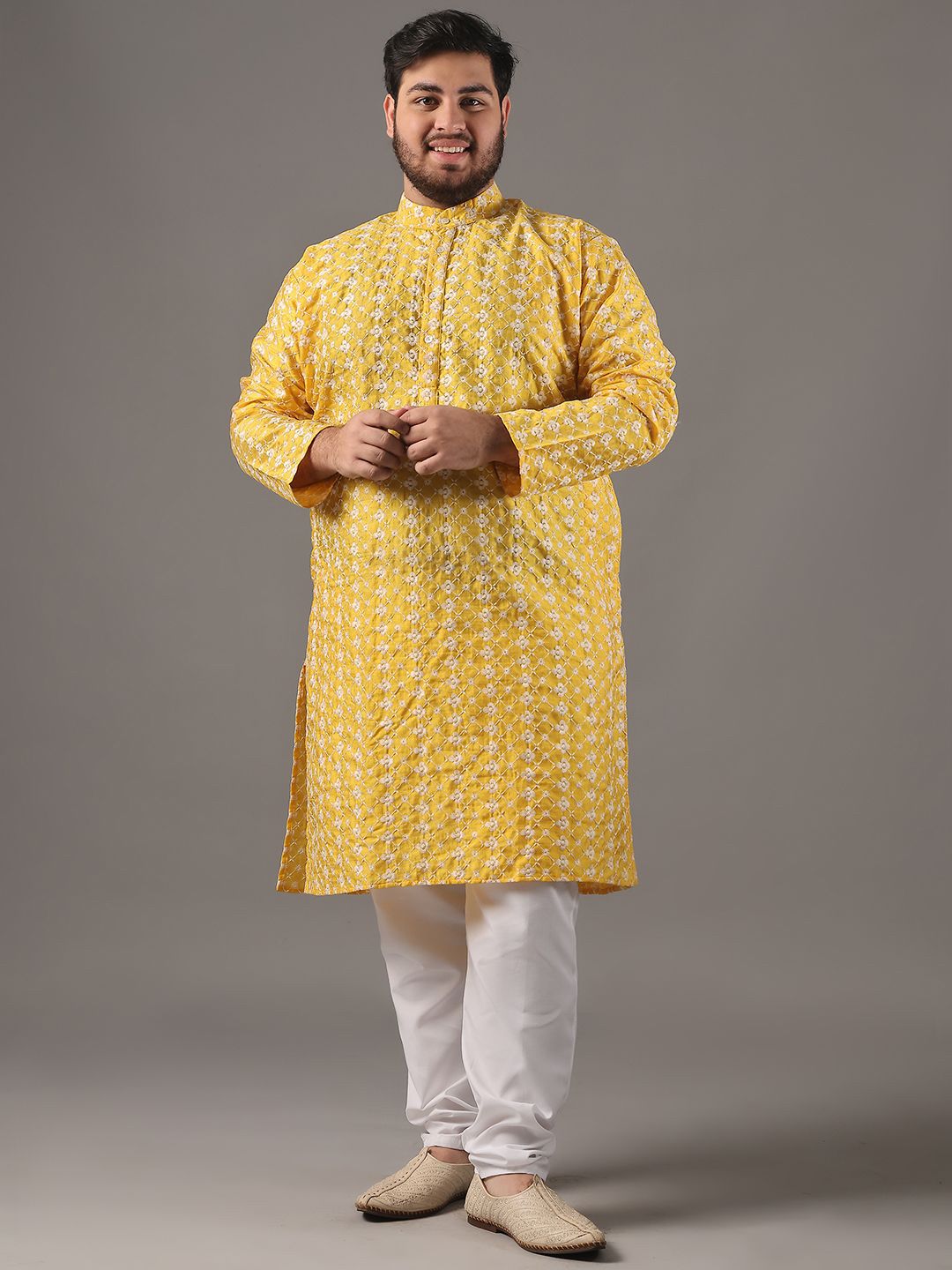 SOJANYA PLUS Plus Size Lelaki Sulam Bunga Kapas Tulen Kurta Lurus Dengan Piyama