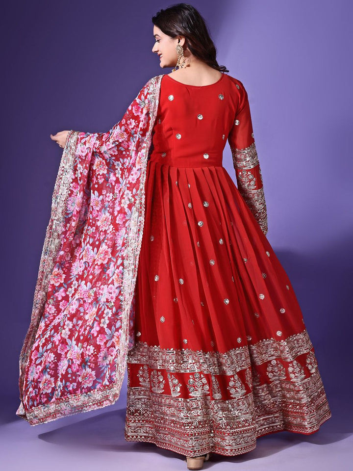 KALINI Floral Embroidered Georgette Maxi Ethnic Dress With Dupatta
