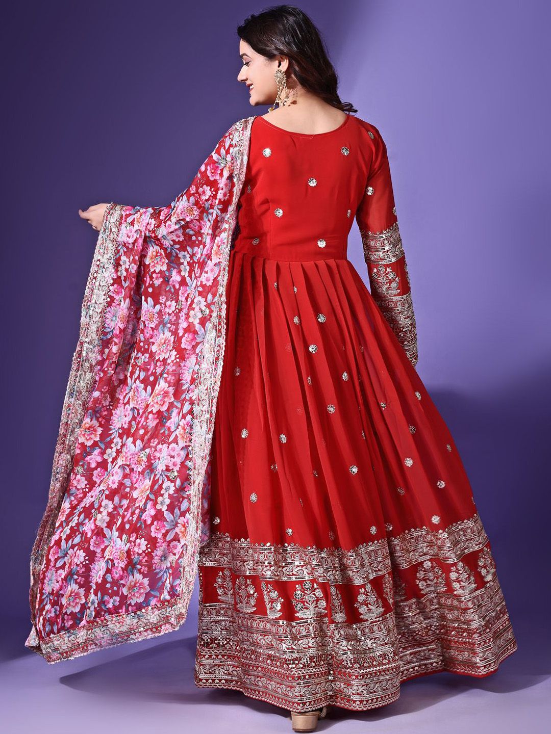 KALINI Floral Embroidered Georgette Maxi Ethnic Dress With Dupatta