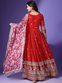 KALINI Floral Embroidered Georgette Maxi Ethnic Dress With Dupatta
