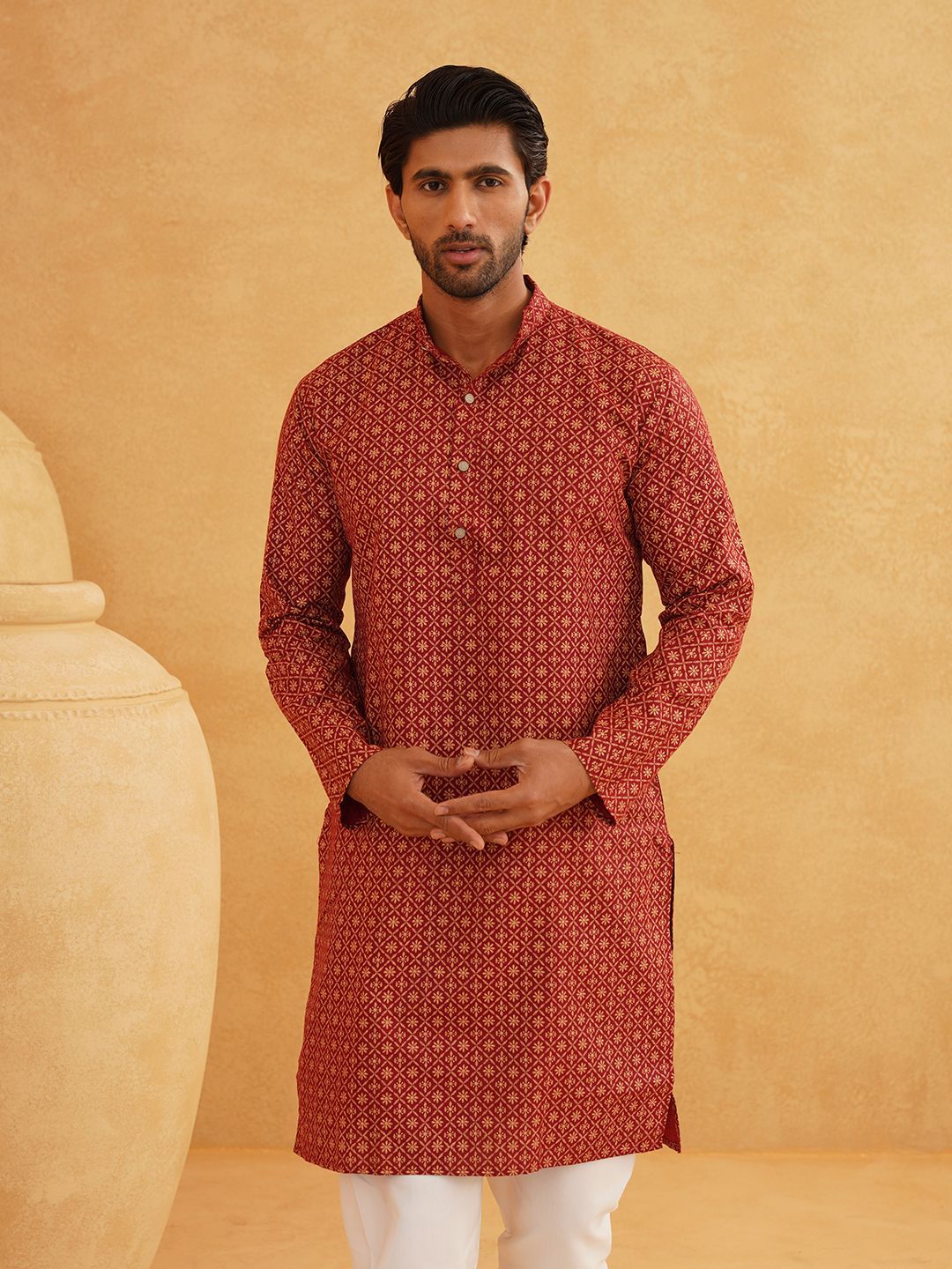 SOJANYA Motif Etnik Printed Mandarin Collar Cotton Linen Kurta Lurus Dengan Churidar