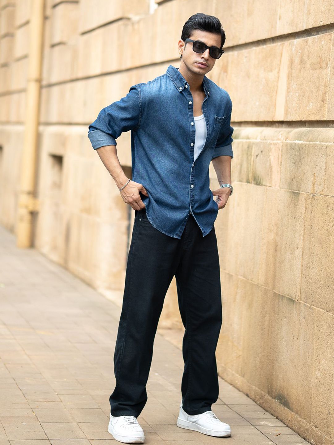 Powerlook Spread Collar Long Sleeves Denim Shirt