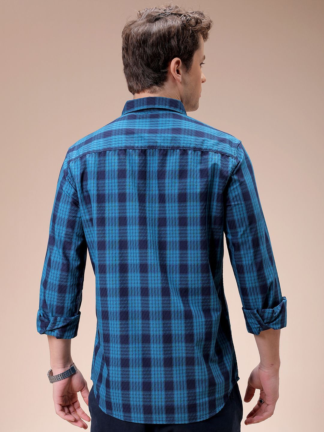 The Indian Garage Co Men Spread Collar Tartan Checked Cotton Slim Fit Casual Shirt