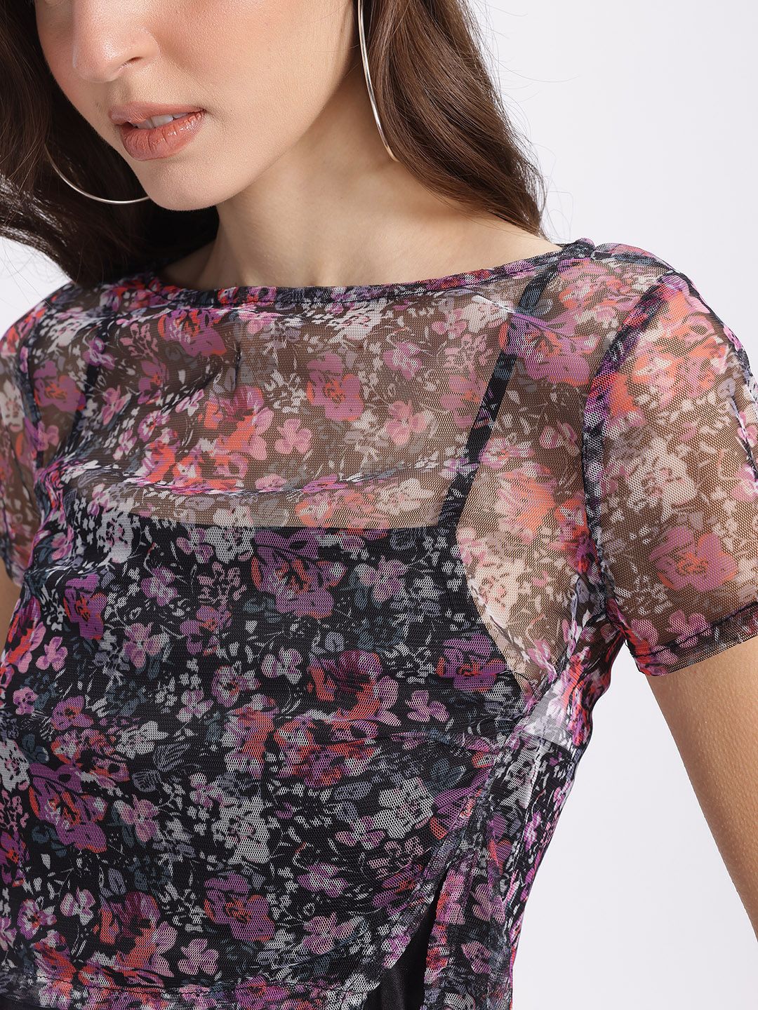 DressBerry Print Semi-Sheer Crop Top with Lining