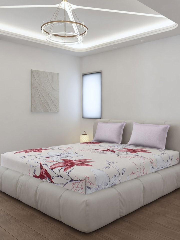 Monte Carlo Stanley Pink & White Floral Printed 144 TC King Bedsheet Set 1.85 m x 1.95 m