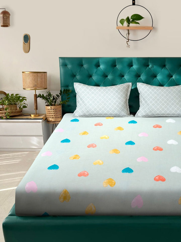 Myntra Elegant Homes Green & White 300 TC Fitted Double King Bedsheet Set-2.5mX2.25m